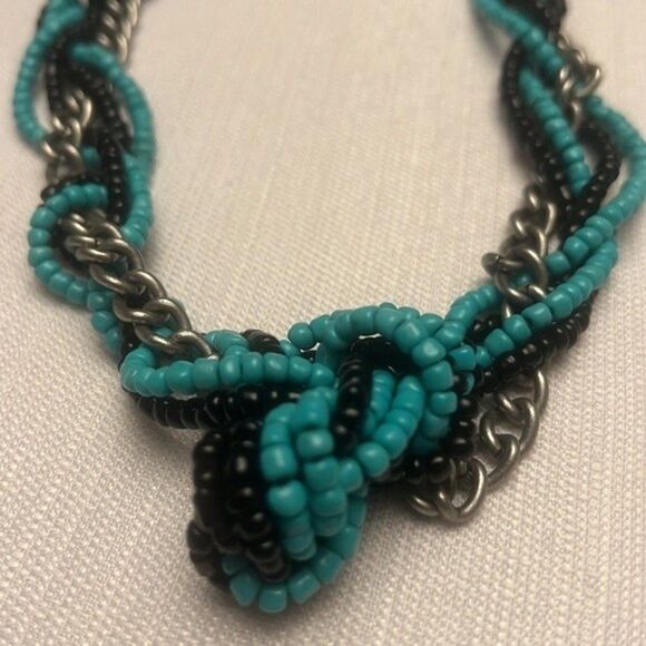 Handcrafted turquoise & black bead strands intertwined with silver tone chain. - Picture 2 of 2